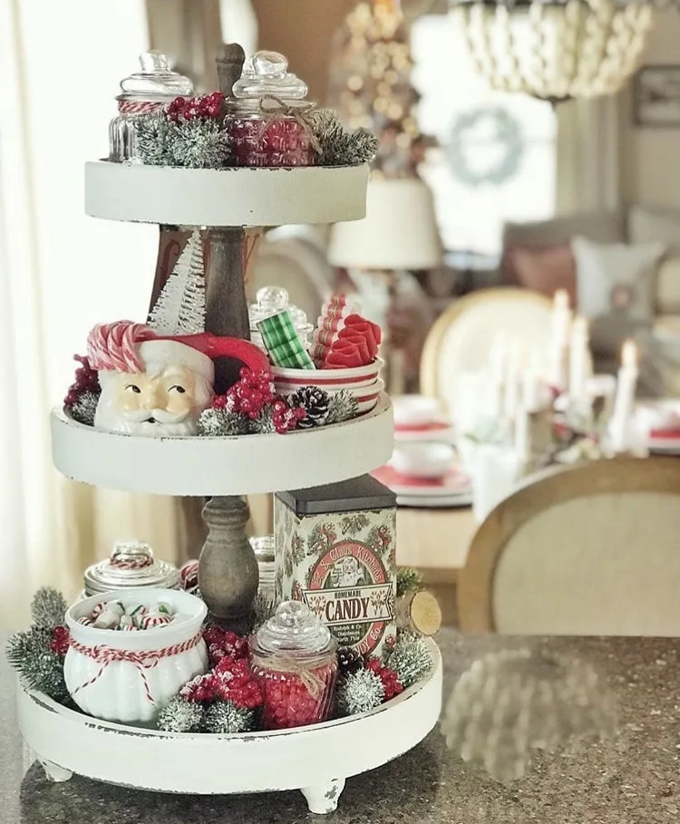 Christmas Farmhouse Tiered Tray by The Quaint Bungalow with vintage santa mug and candy