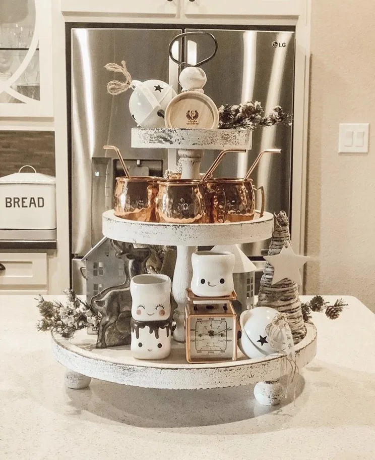 Christmas Farmhouse Tiered Tray by Blessed House of Three with copper mugs, bells and the cutest marshmallow mugs