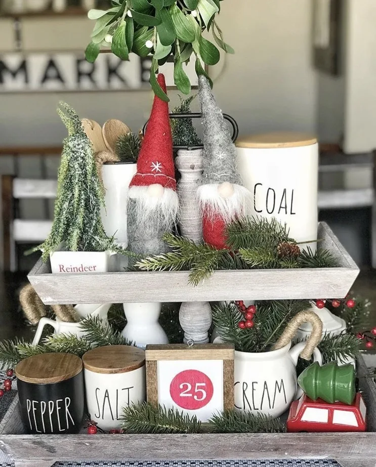Christmas Farmhouse Tiered Tray by Welcome to the Neibaurhood with Rae Dunn and Gnomes