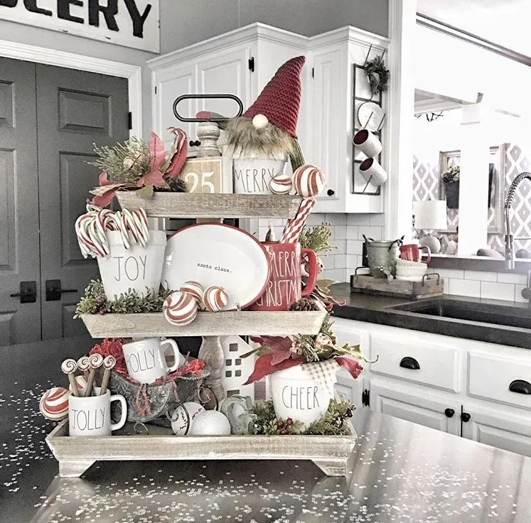 Christmas Farmhouse Tiered Trays by Tag Interior Designs with Rae Dunn pieces, gnomes and a countdown to Christmas