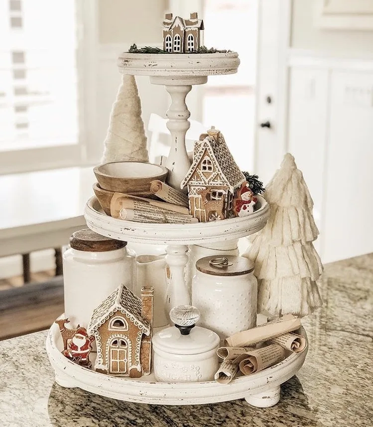 Christmas Farmhouse Tiered Tray by Sweet Rose and Wren with gingerbread houses and christmas trees