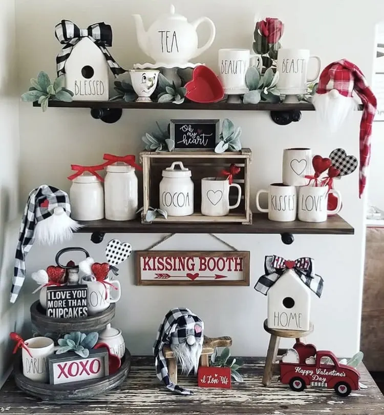 Tiered Tray by Rae Dunner with Rae Dunn bird house, tea pot, coffee mugs and cocoa canister