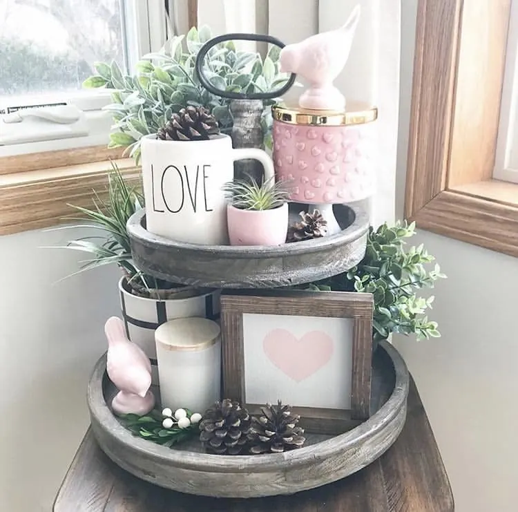 Tiered Tray by Rustic Fields with Rae Dunn mug, pink birds, greenery and pine cones