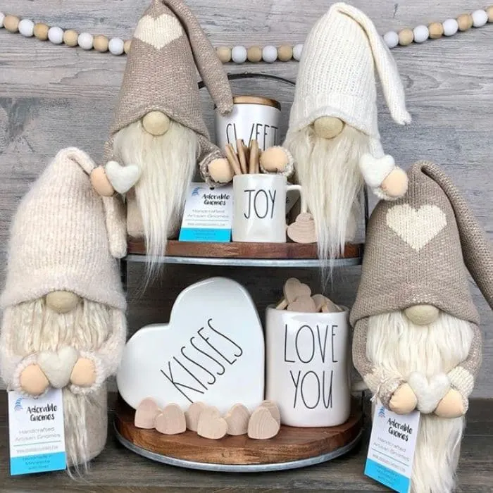 Tiered Tray by Adorable Gnomes with a neutral gnomes filled Valentine's Day tray with Rae Dunn mugs and more
