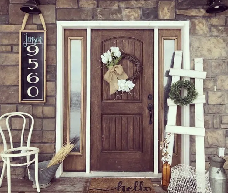 Front Porch Decorating Ideas by Sawdust & Mascara Customs with rustic ladder and custom house numbers