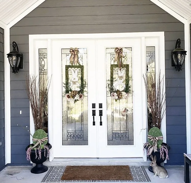 Front Porch Decorating Ideas by Kimberly Blatchford with rectangle bunny wreaths