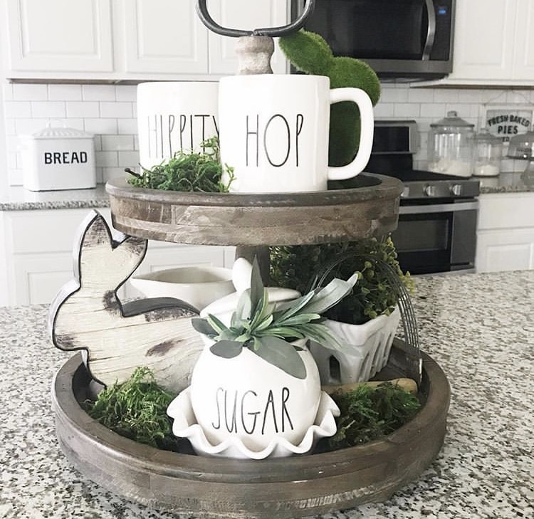 Spring Decor Ideas by Foster Mom Farmhouse with a Rae Dunn and bunny tiered tray