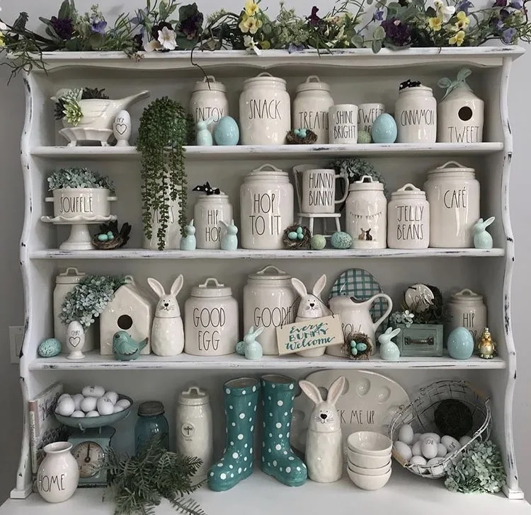 Spring Decorating Ideas with Dots Not Dunn with a Rae Dunn filled hutch