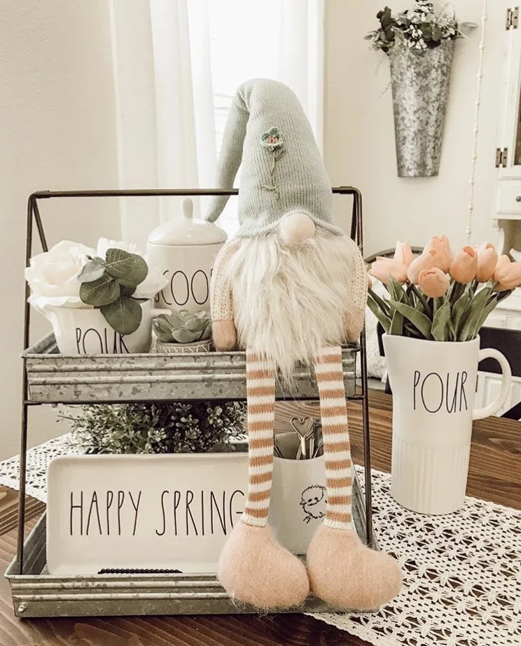 Spring Decor Ideas by Our Devine Home with a spring tiered tray and gnome