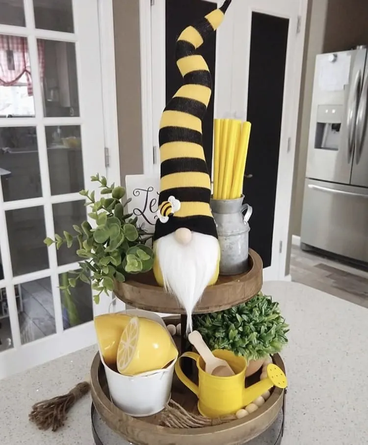 Spring tiered tray decor Ideas by Habitual Homebody with a bumble bee gnome