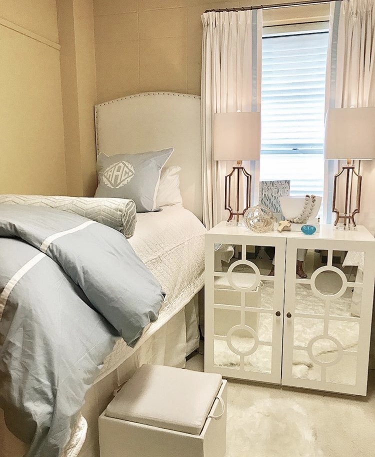 Girls Dorm Room Decor by After Five Designs with gray blues and white color scheme