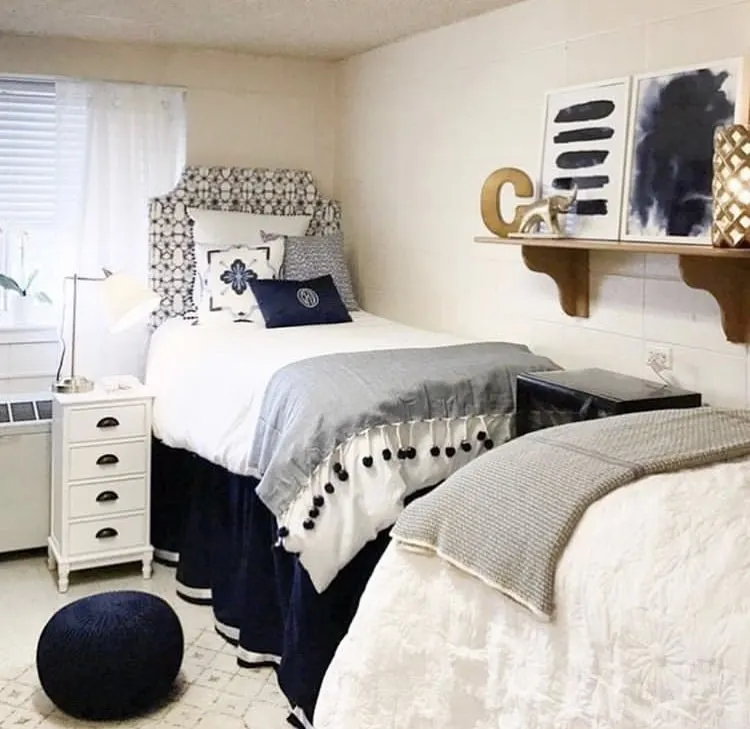 Girls Dorm Room Decor by Fourteenth Floor with navy blue and white and a pop of gold