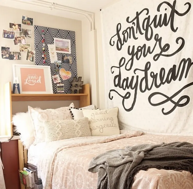 Girls Dorm Room Decor by DIY Playbook with pink and gray hues
