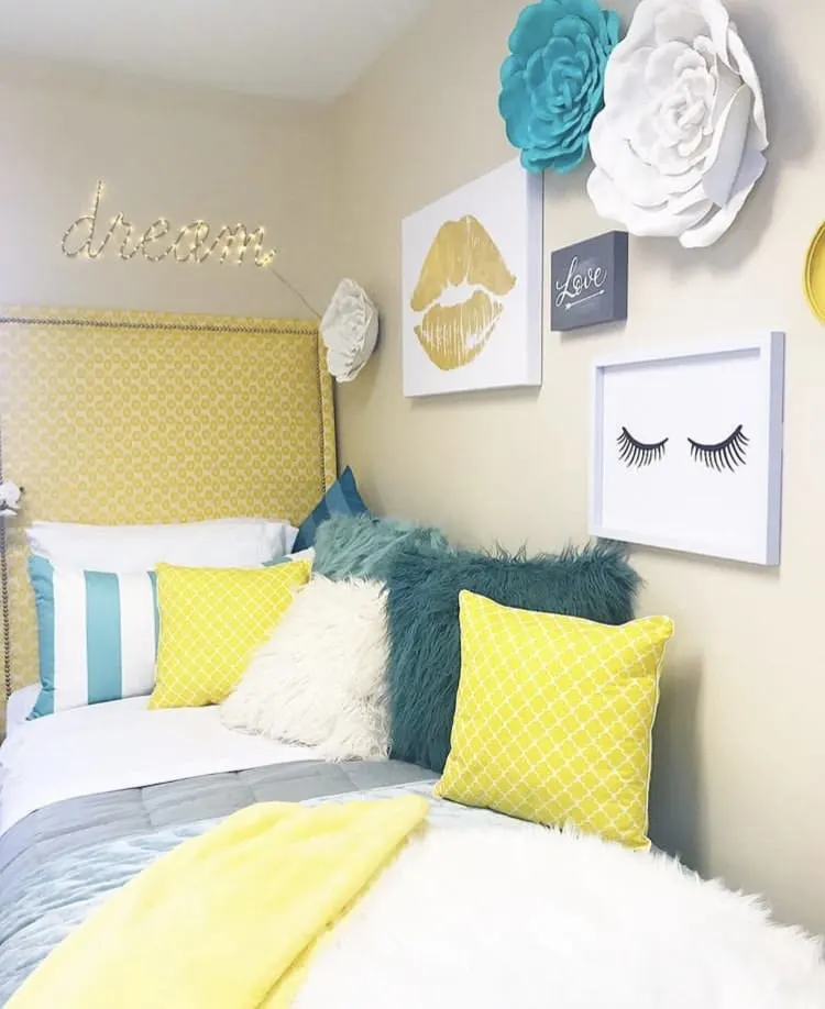 Girls Dorm Room Decor by Design Inkredible with yellow, teal, white and gold decor