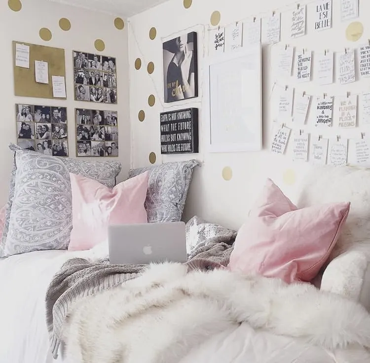 Girls Dorm Room Decor by Kayla Maryly with gold dot wall decals and a grey and pink color scheme