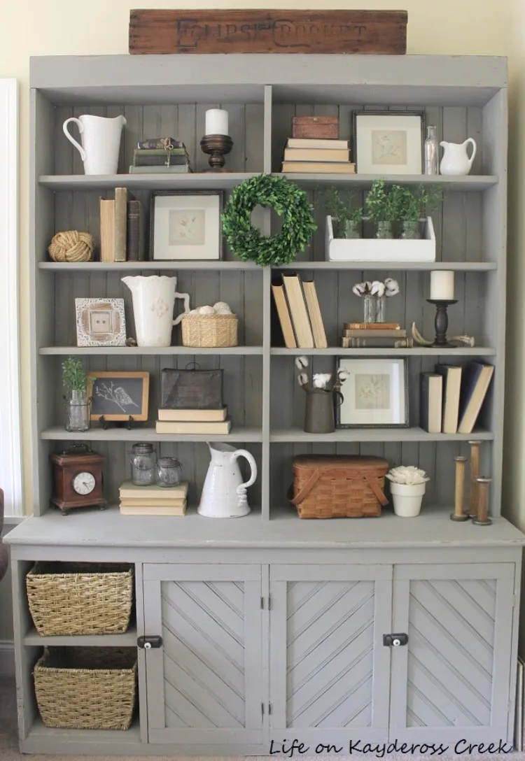 DIY Bookshelf Makeover by My Life on Kaydeross Creek with 10 Tips for Decorating Shelves Like A Pro