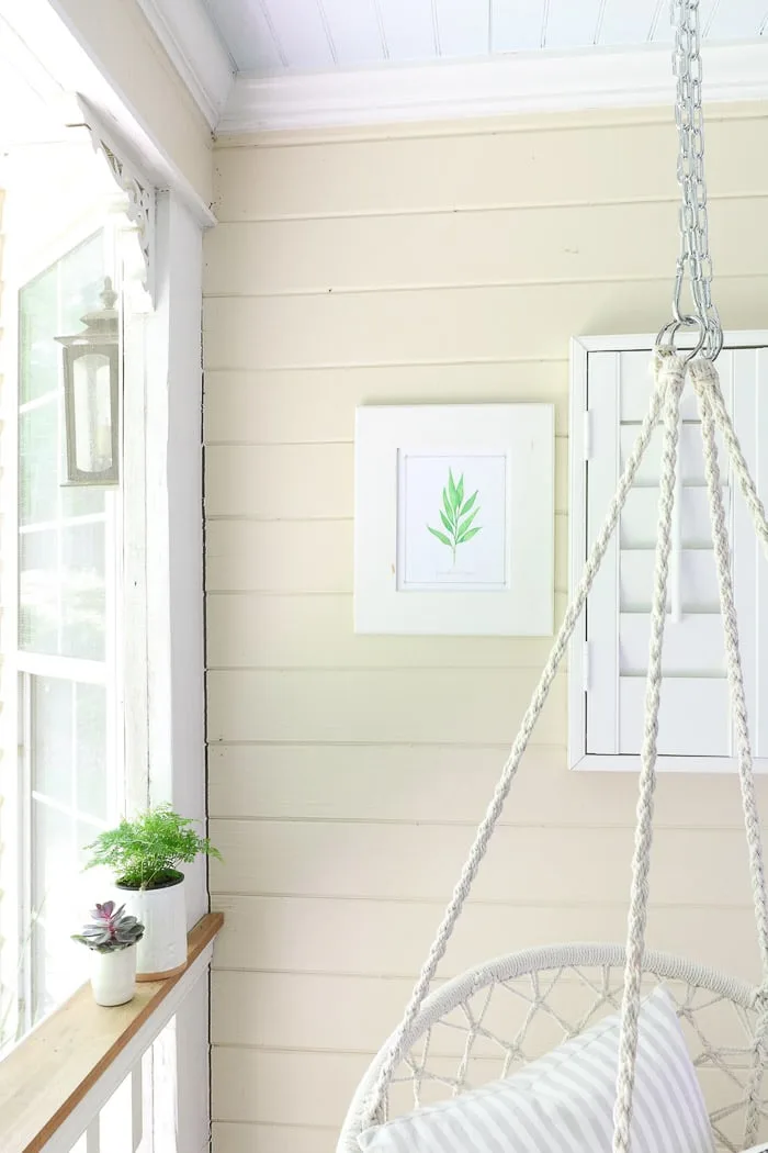 Screened in porch decorating ideas using plants, art and pillows.