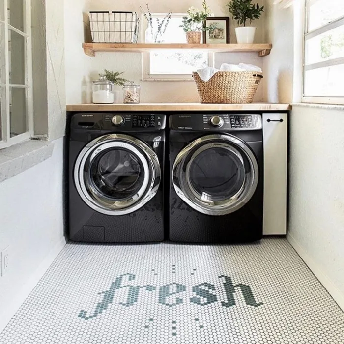 Farmhouse Laundry Room Decor by Jenna Sue Design with beautiful tiling