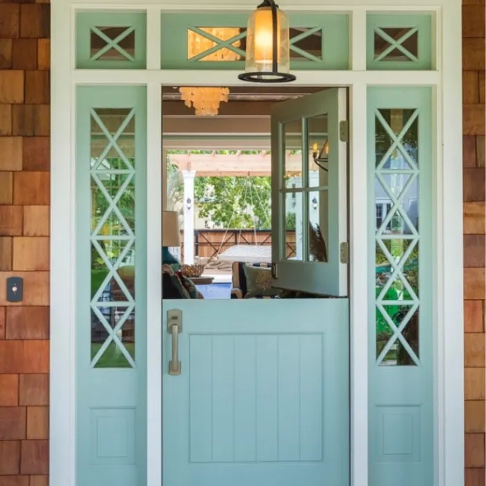 Modern Dutch Door Ideas by HOuse of Turquoise with a light turquoise dutch door framed in by crossed windows