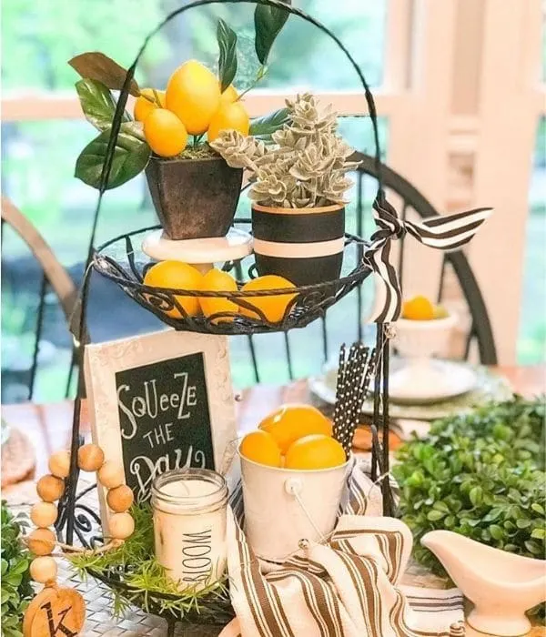 Lemon Décor by Delighted with the Details with a wire lemon filled tired tray and black and white pops