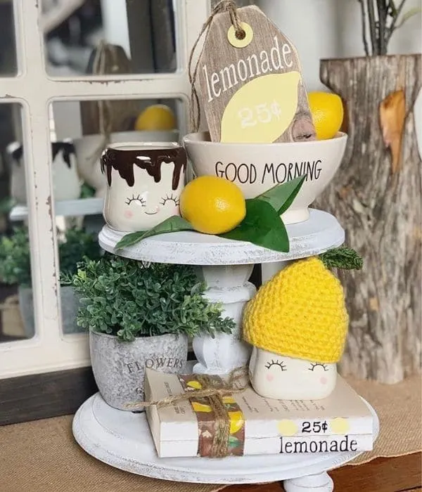 Lemon Décor by Design Style by Marci with cute marshmallow mugs, a wooden lemonade price tag and stamped books