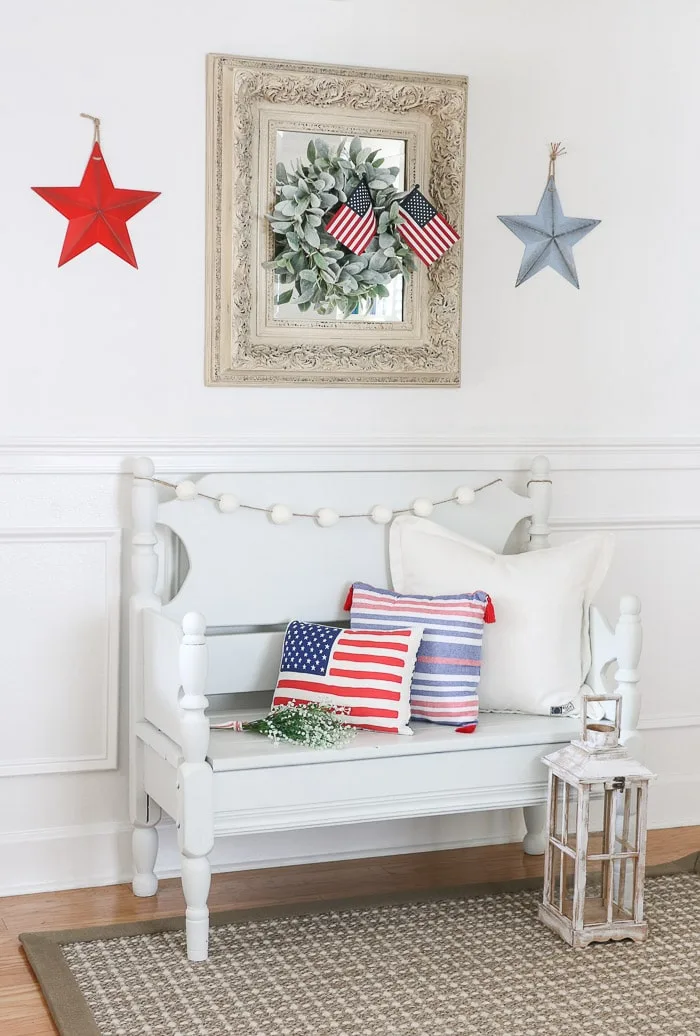 red, white and blue decorations in the entryway
