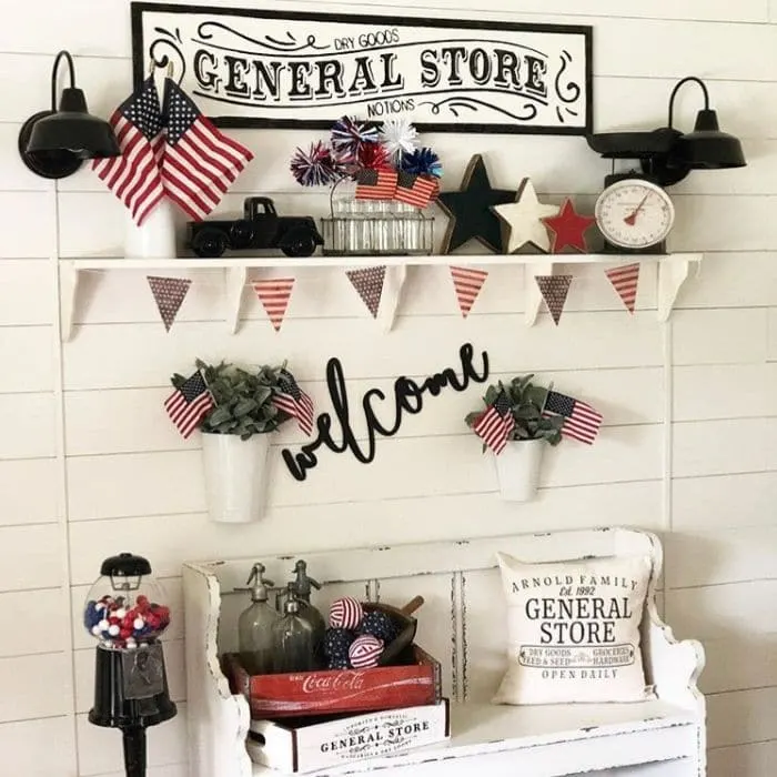 Patriotic Decorating Ideas by My Carolina Farmhouse with a red white and blue decorated entryway