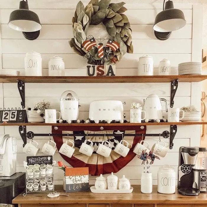 Patriotic Decorating Ideas by A House on the Lake with a coffee bar themed with patriotic decorations