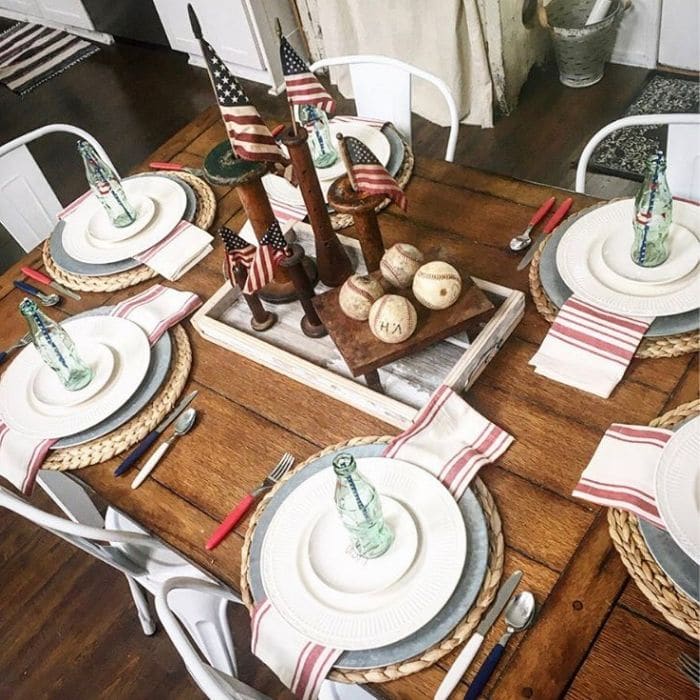 Patriotic Decorating Ideas by Grams Farmhouse with a baseball themed red, white and blue tablescape