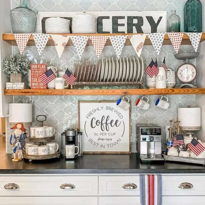 Patriotic Decorating Ideas by To Mimi's House We Go with a Rae Dunn coffee bar  with red, white and blue 