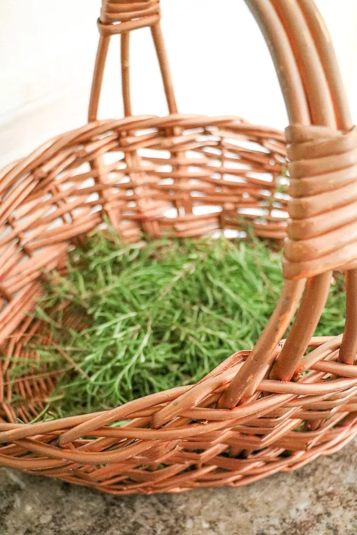 Nurses graduation party ideas.  A basket full of rosemary cut from my sisters garden to be used for the place setting for the nurses graduation party.  These ideas are for a casual but elegant dinner event.