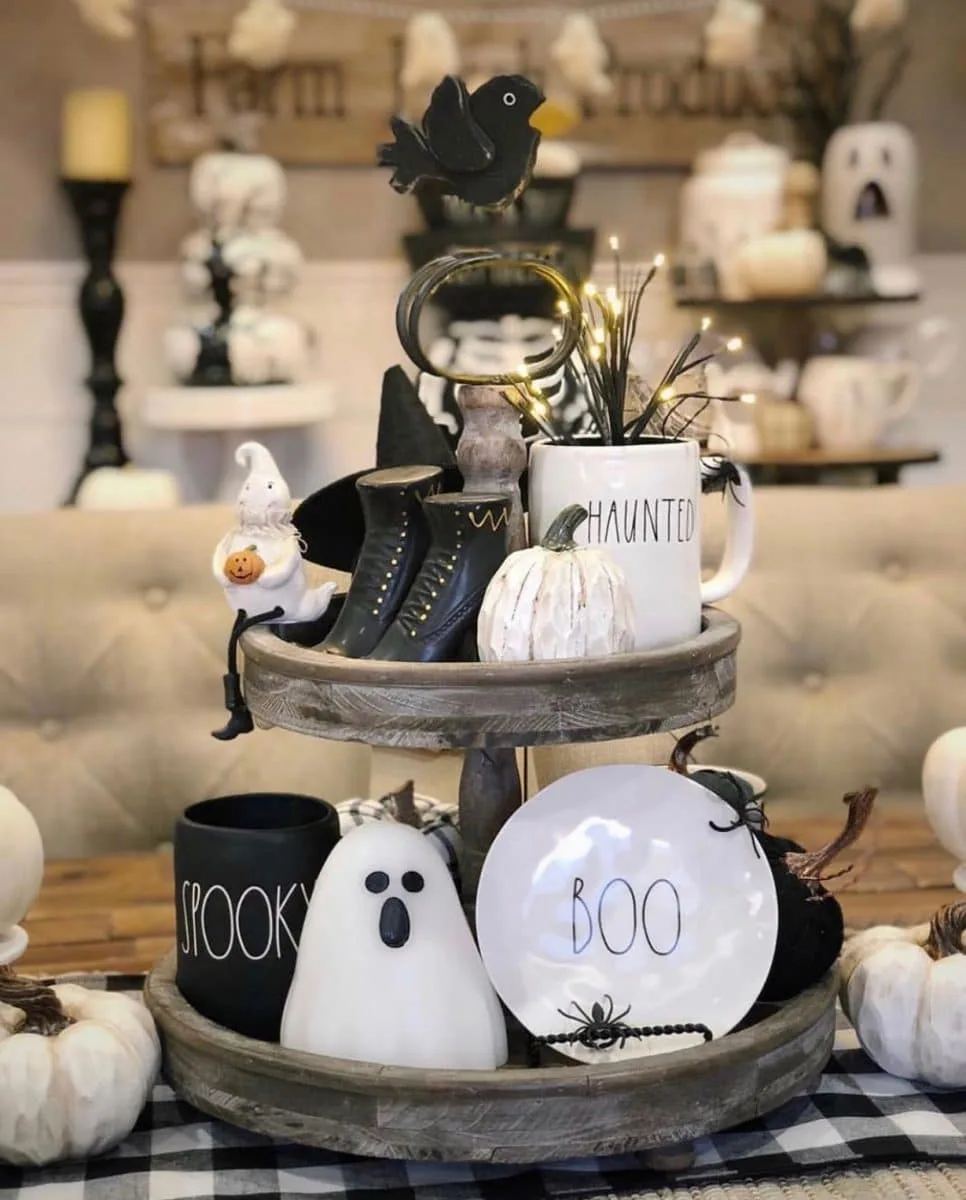 Halloween tiered tray ideas for home.  Rae Dunn decor, ghost, and pumpkin