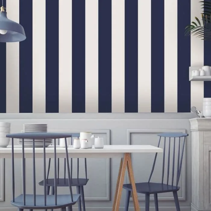 Farmhouse Style Wallpaper with navy and white striped wallpaper from Pottery Barn