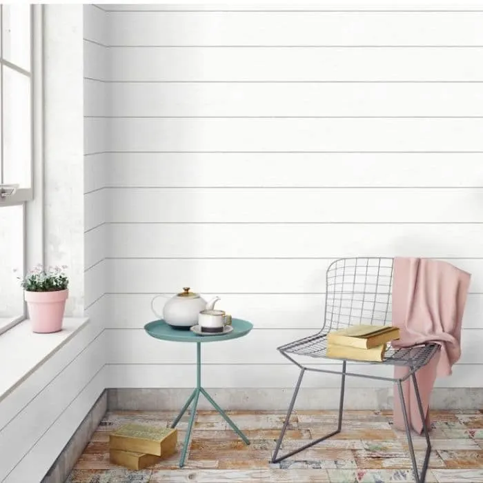 Farmhouse Style Wallpaper with a textured shiplap wallpaper from Target