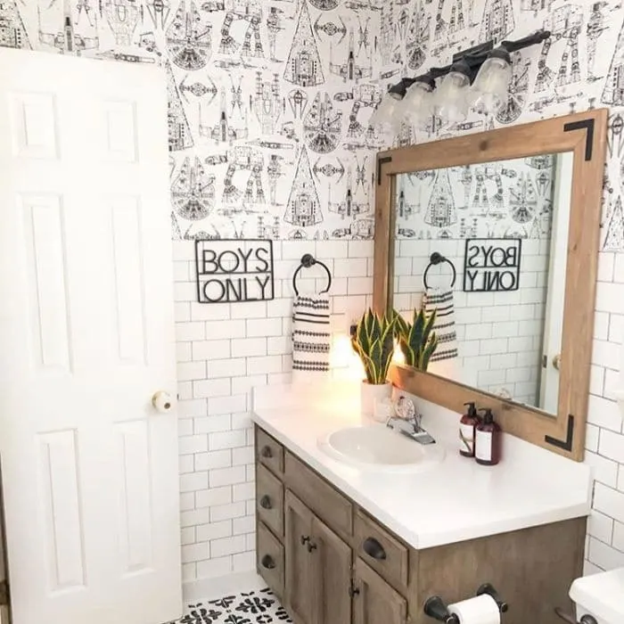 Farmhouse Style Wallpaper by My DIY Happy Home with Star Wars wallpaper in her boy's bathroom