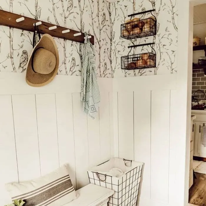 Farmhouse Style Wallpaper by Timberfields with a woodland themed wallpaper in her mudroom