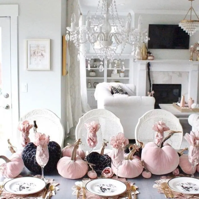 Halloween Table Decorations by Summer Adams Designs with pink and black velet pumpkins centerpiece