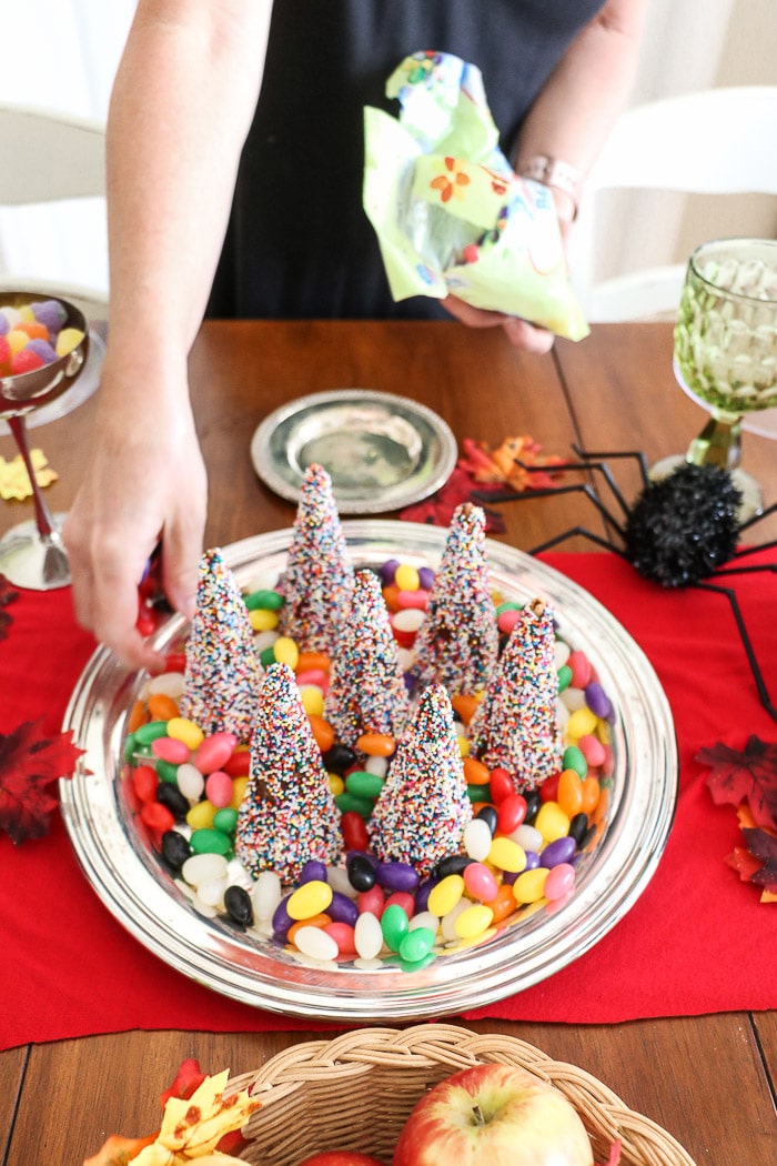 Harry Potter table decorations.  Create a candy forest like this by adding jelly bean around the base of the candy forest.