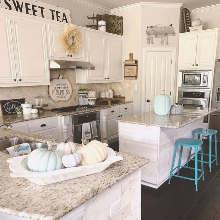 Fall Home Decor by B. Home Decor with touches of teal fall decor in her kitchen 