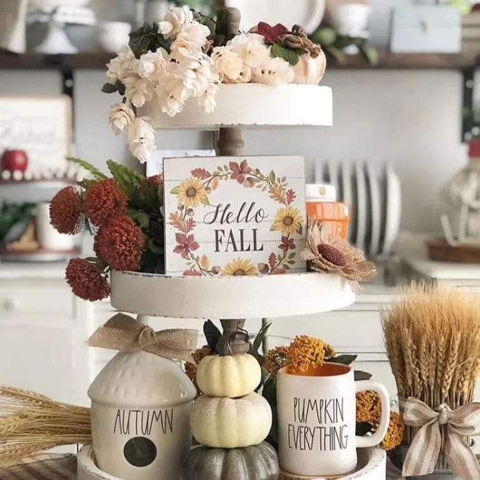 Fall Home Decor by Family, Shiplap & Dunn with an autumn Rae Dunn filled tiered tray