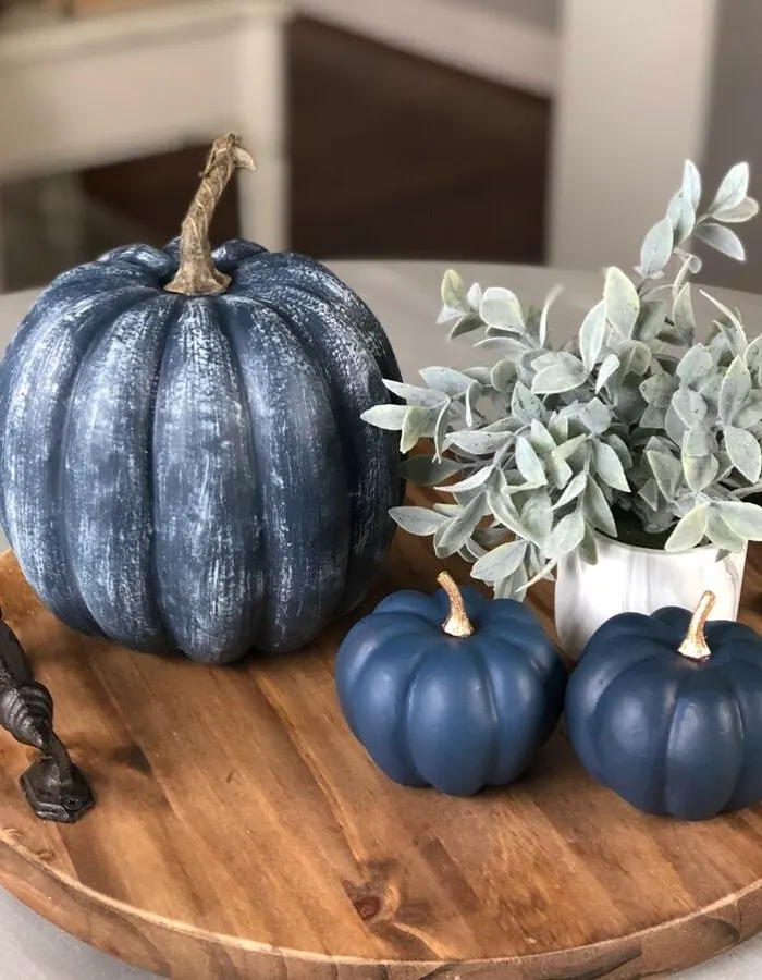 Dollar Store Fall Tablescapes by Wilshire Collections with navy pumpkins for a centerpiece