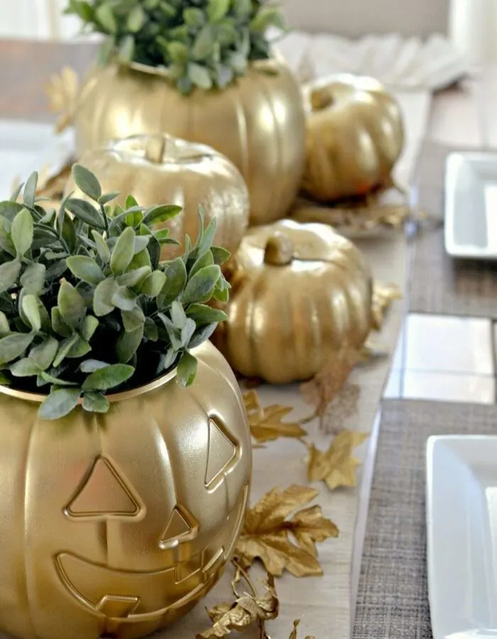 Dollar Store Fall Tablescapes by Hip 2 Save with a golden pumpkin centerpiece
