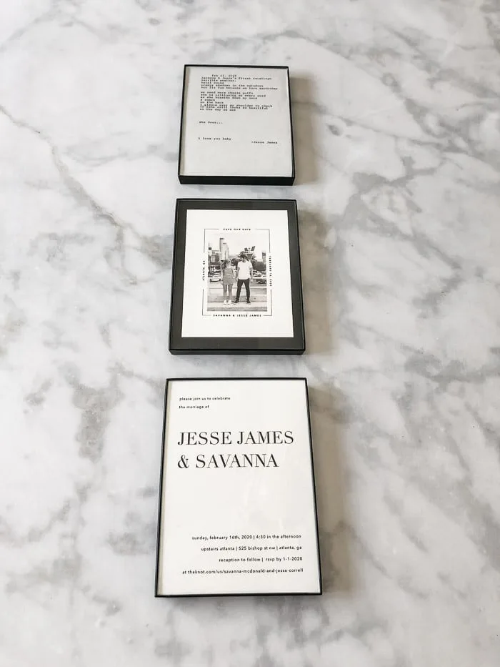 Wedding invitation keepsake idea using three minimalist frames.