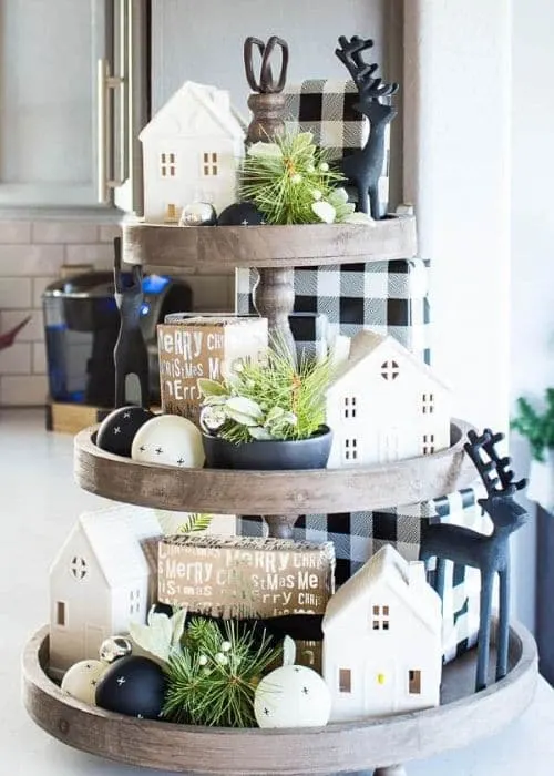 Christmas Tiered Trays by Inspiration for Moms with a black and white buffalo checked tiered tray