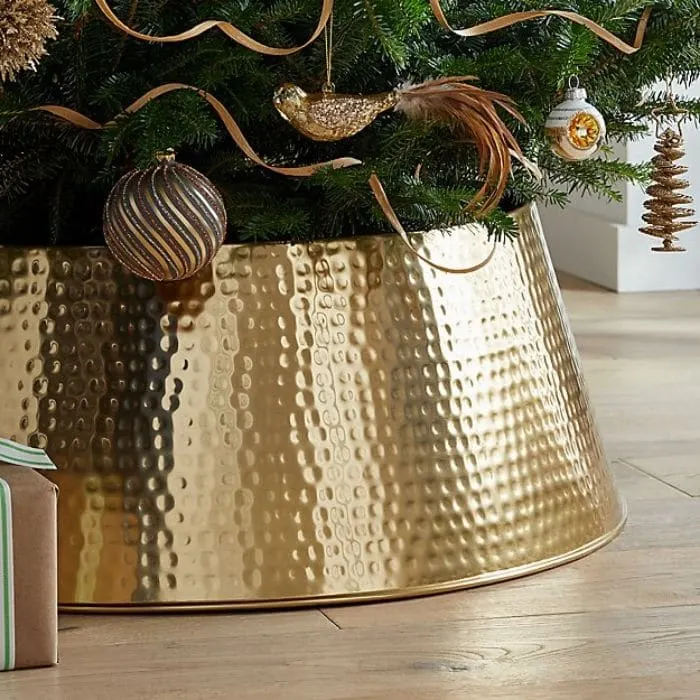 Christmas Tree Base Ideas with a Gold Hammered Tree Collar from Crate & Barrel