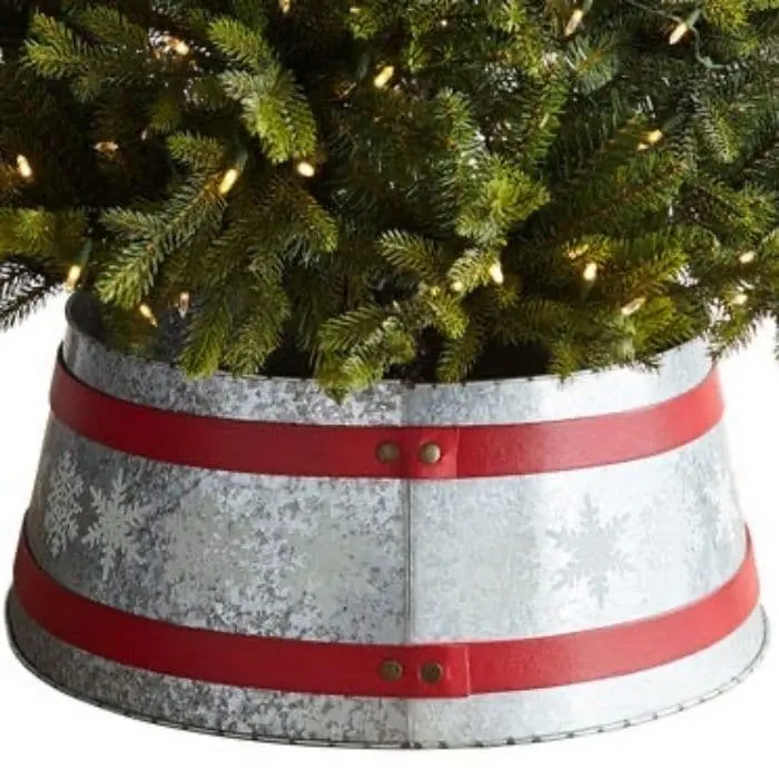 Christmas Tree Base Ideas with a Galvanized Snowflake Tree Collar from Pier 1