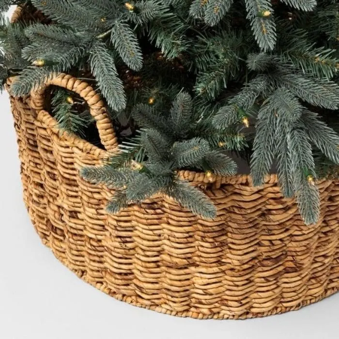 Christmas Tree Base Ideas with a Woven Tree Collar with handles.