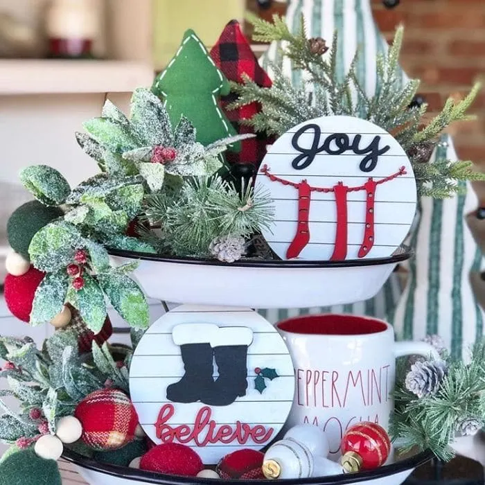 Christmas Tiered Trays by Trisha Ann's with 3-d shiplap sign filled tiered tray