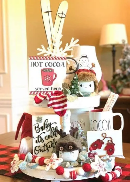 Christmas Tiered Trays by The Sassy Oak with a cute marshmallow mugs on a chocolate tray