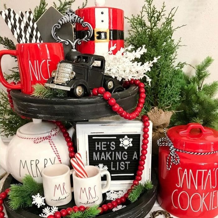 Christmas Tiered Tray by On Walden Home with a red, black and white tiered tray
